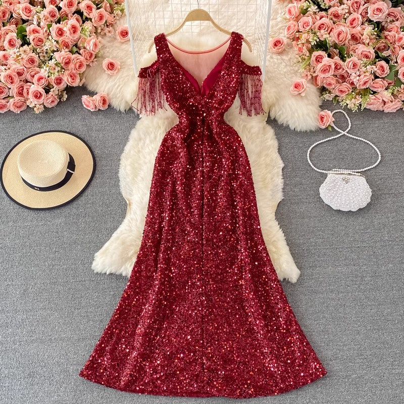 sequined dress V-neck long dress       S4239