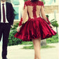 Short Ball Gown High Neckline with Long Sleeves Lace Dark Wine Red Backless Lace Prom Dress         S3213