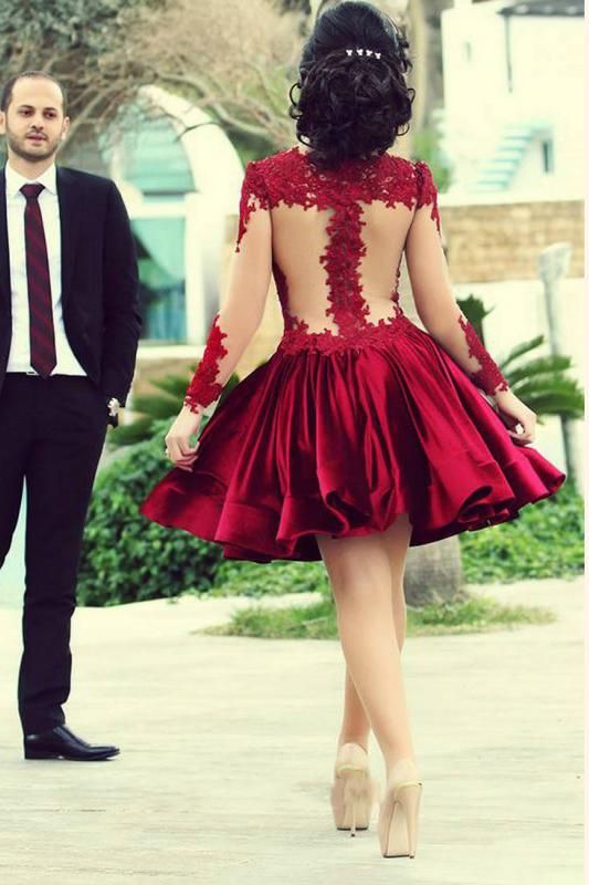 Short Ball Gown High Neckline with Long Sleeves Lace Dark Wine Red Backless Lace Prom Dress         S3213