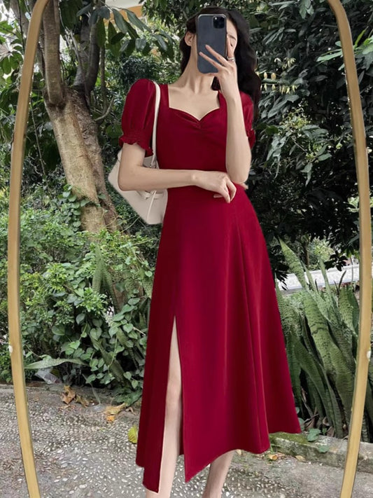 red dress for women new style puff sleeve slit long skirt    S3465