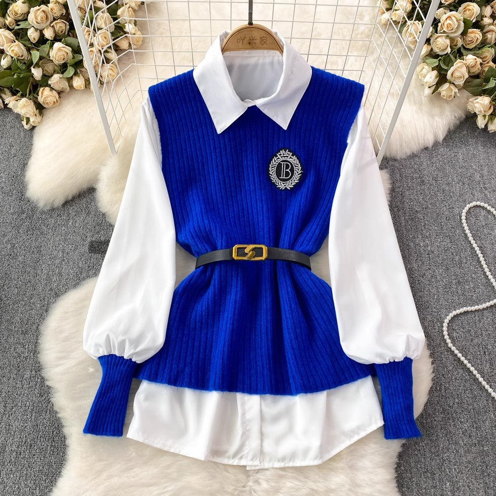 lantern long-sleeved mid-length shirt knitted vest two-piece suit for women      S3999