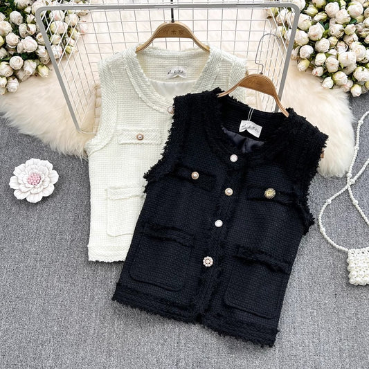 round neck vest jacket for women fashionable and chic short sleeveless top     S4128