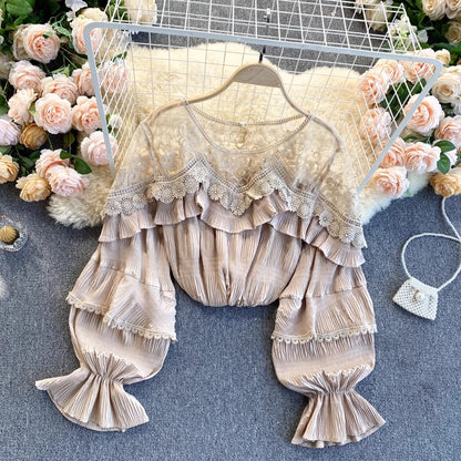 French gentle style top for women see-through ruffled puff sleeve chiffon top     S4621