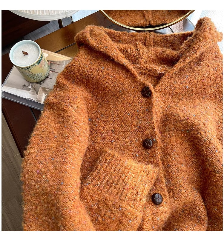 Mixed color dot hooded sweater jacket for women knitted cardigan   S4867