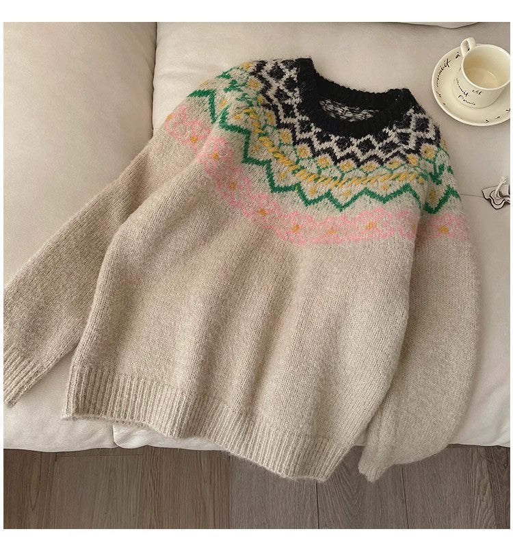 jacquard round neck sweater for women fashionable long-sleeved sweater     S4801