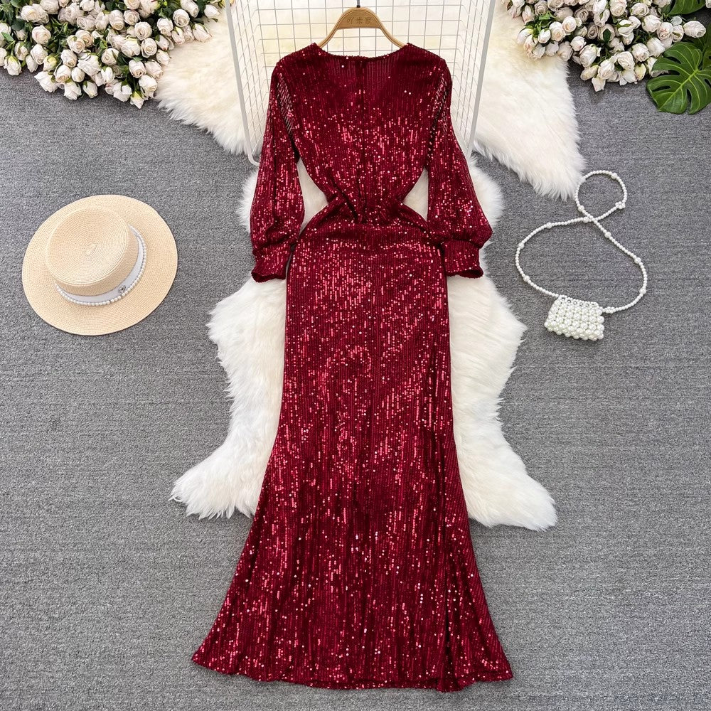 evening dress lantern long-sleeved V-neck sequined dress     S4142