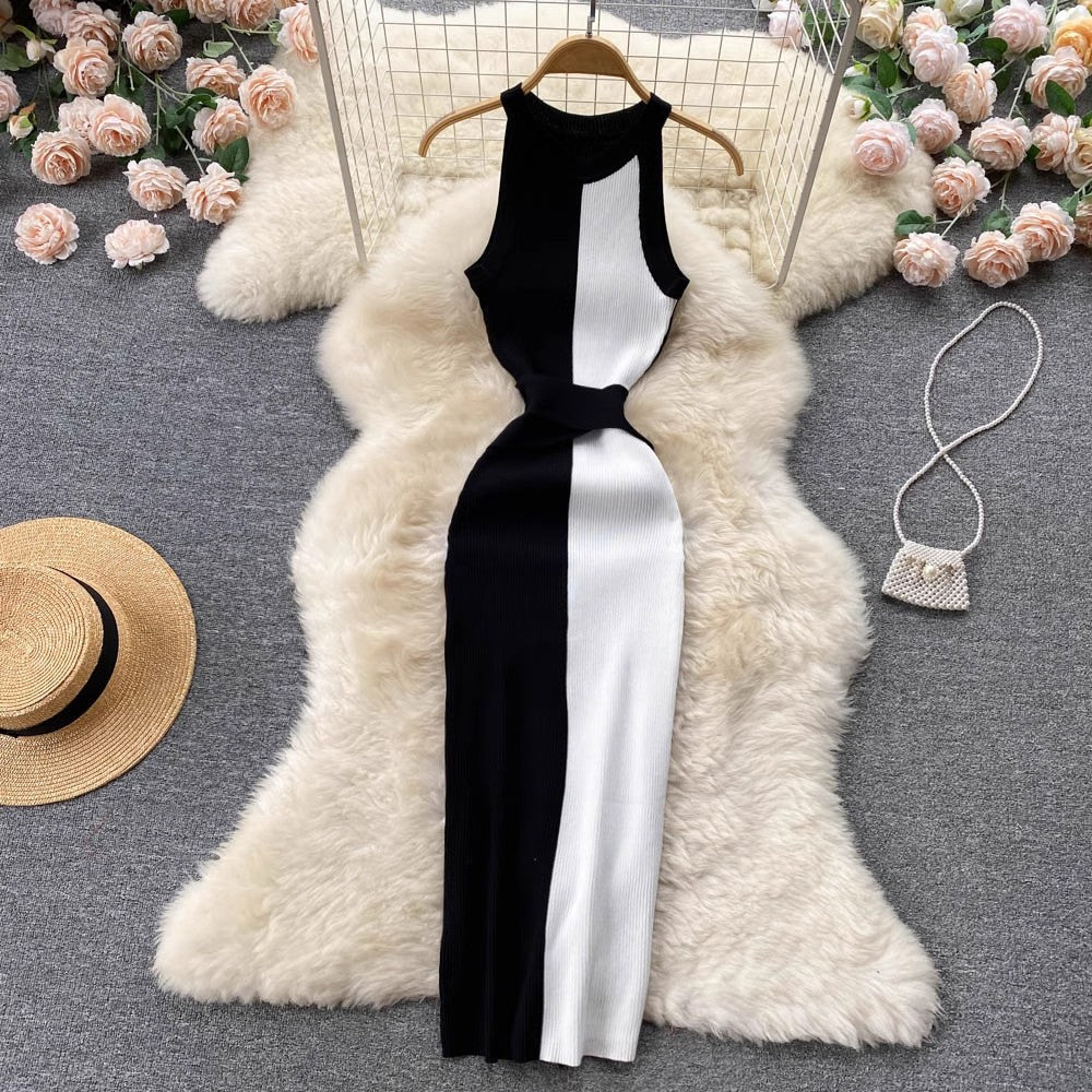 Long Round Neck Sleeveless Dress Tight Knitted Skirt     S4599