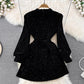 Square Neck Party Halter Neck Sparkling Velvet Dress       S3948