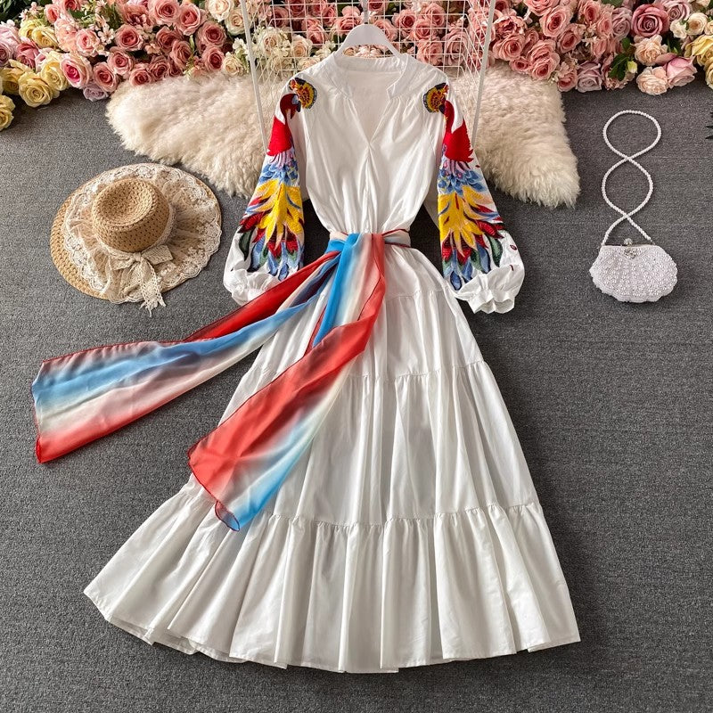 embroidery V-neck dress elegant long skirt      S4171