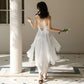 White Chiffon High Low Chic Simple Wedding Party Dress, White Short Prom Dress Graduation Dress     S3375