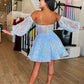 Short Light Blue Lace Prom Dresses, Light Blue Short Lace Formal Graduation Dresses       S2615