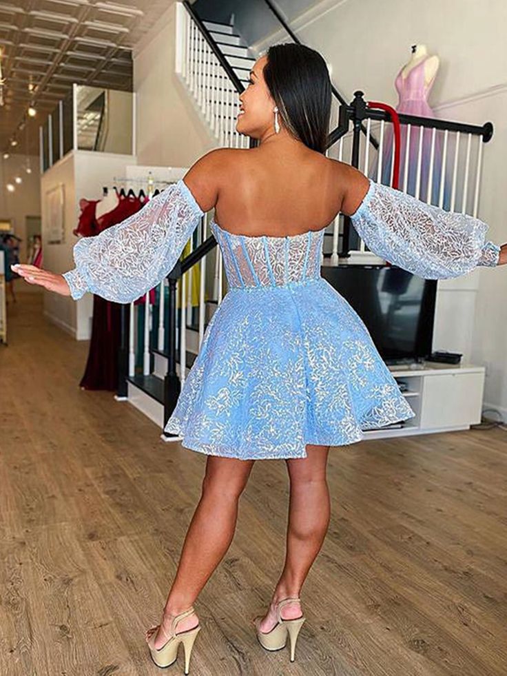 Short Light Blue Lace Prom Dresses, Light Blue Short Lace Formal Graduation Dresses       S2615