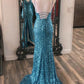 Blue Sequin V-Neck Lace-Up Mermaid Long Dress with Slit      S3374