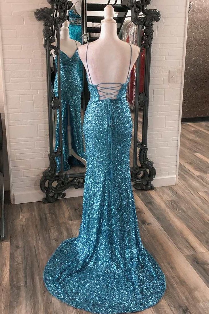 Blue Sequin V-Neck Lace-Up Mermaid Long Dress with Slit      S3374