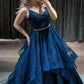 Dark blue v neck tulle sequin long prom dress blue formal dress     S3246