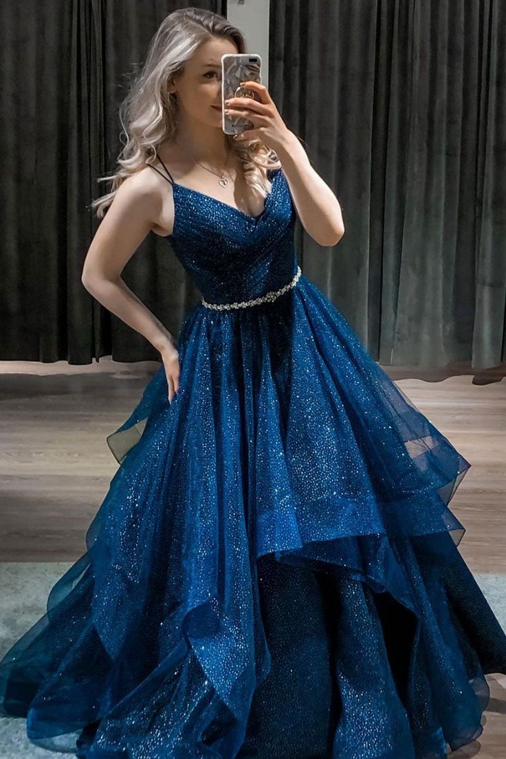 Dark blue v neck tulle sequin long prom dress blue formal dress     S3246