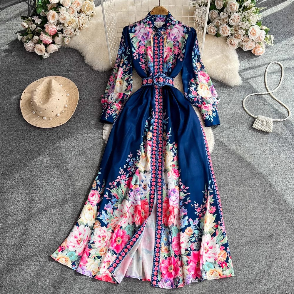 Retro lantern sleeves a-line printed dress elegant dress long skirt      S3935