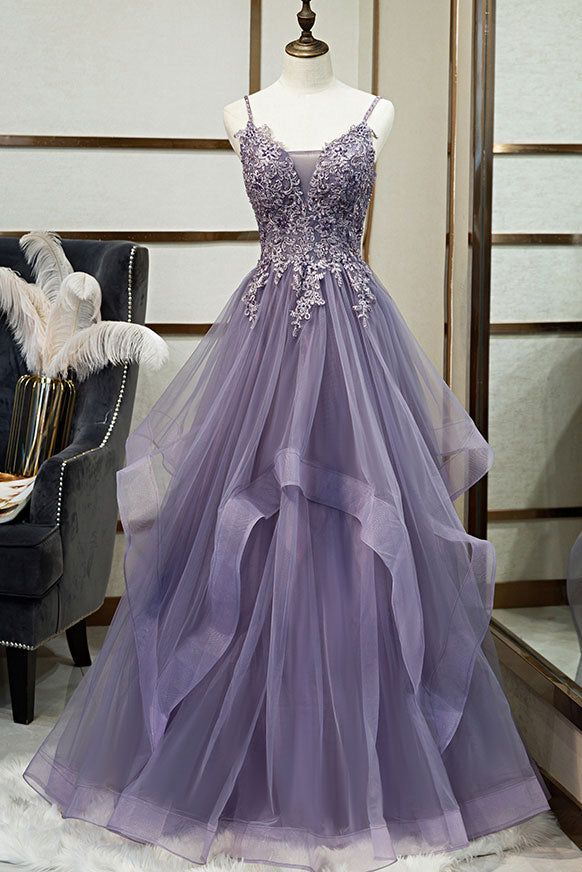 Unique v neck tulle lace long prom dress tulle lace formal dress     S4150