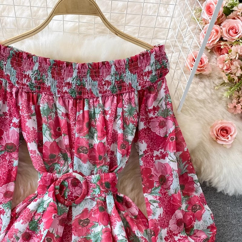 off-shoulder floral dress long-sleeved dress    S4292