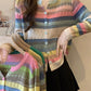 Plus size women's design rainbow patchwork striped T-shirt trendy     S3425