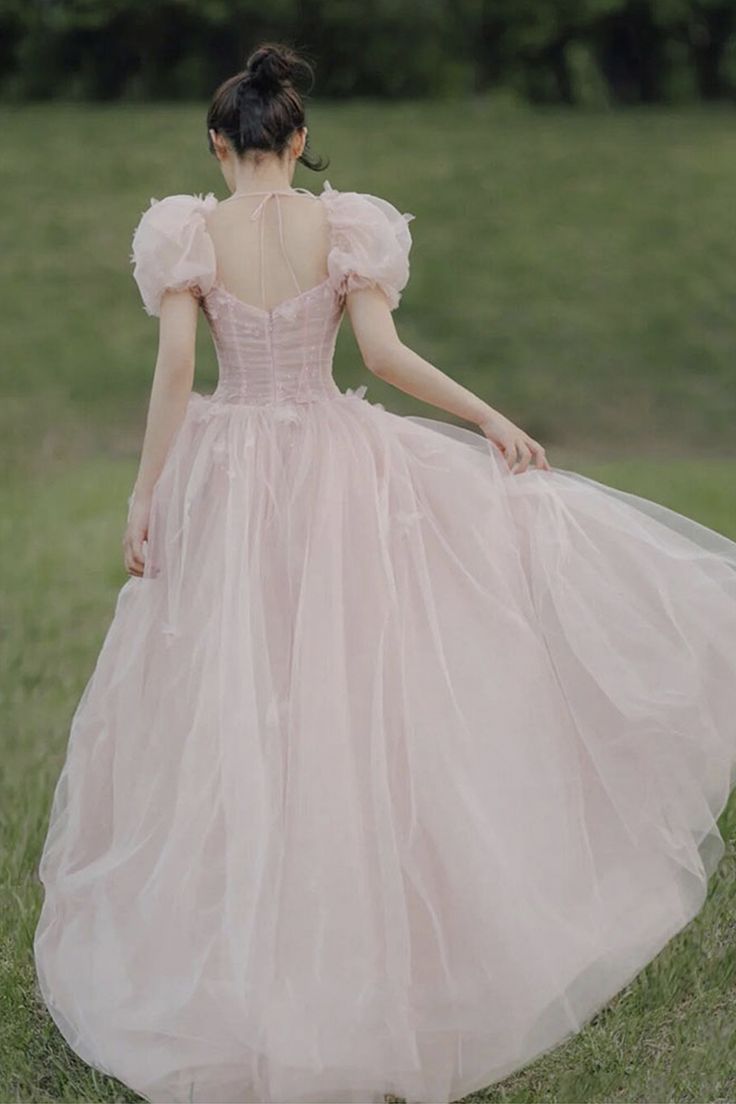 Pink tulle long A line prom dress evening dress     S2552