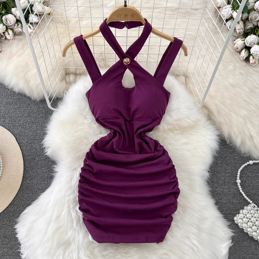 halter neck suspender dress for women sexy pleated dress       S4345