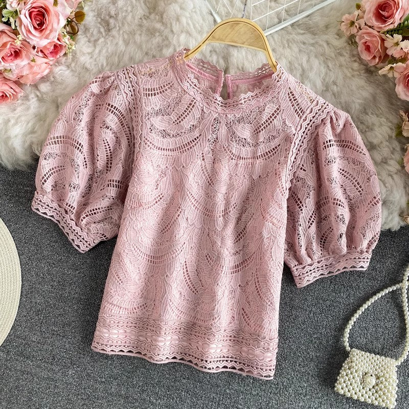 Retro puff-sleeved lace short top    S3923