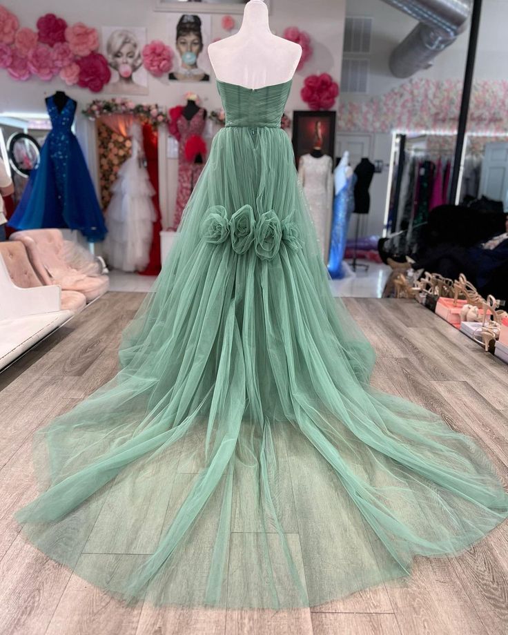 Cute A Line Sweetheart Sage Green Tulle Long Prom Dresses       S3630