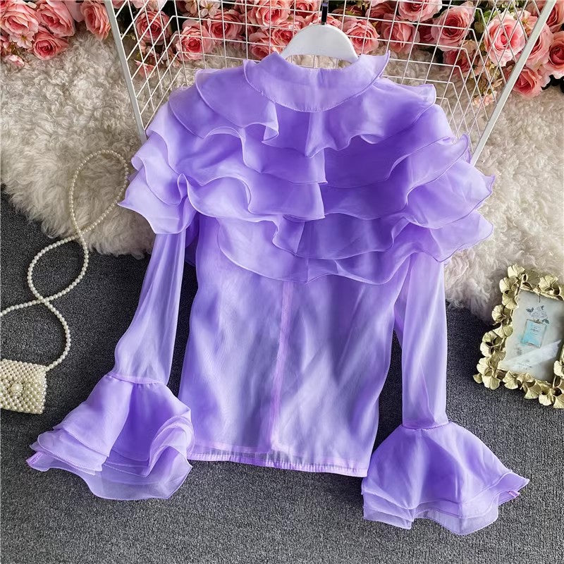 new style layered ruffled organza shirt for women see-through top with bell sleeves      S4234