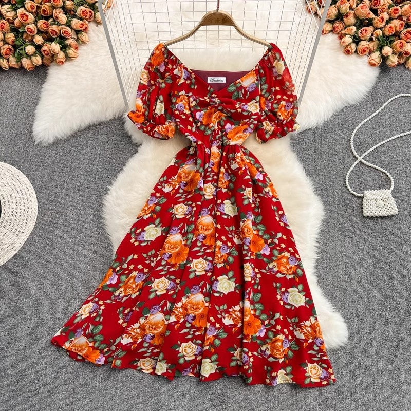 mid-length V-neck floral chiffon dress     S4430