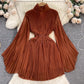 pleated bell-sleeved high-neck dress for women chiffon skirt      S4489