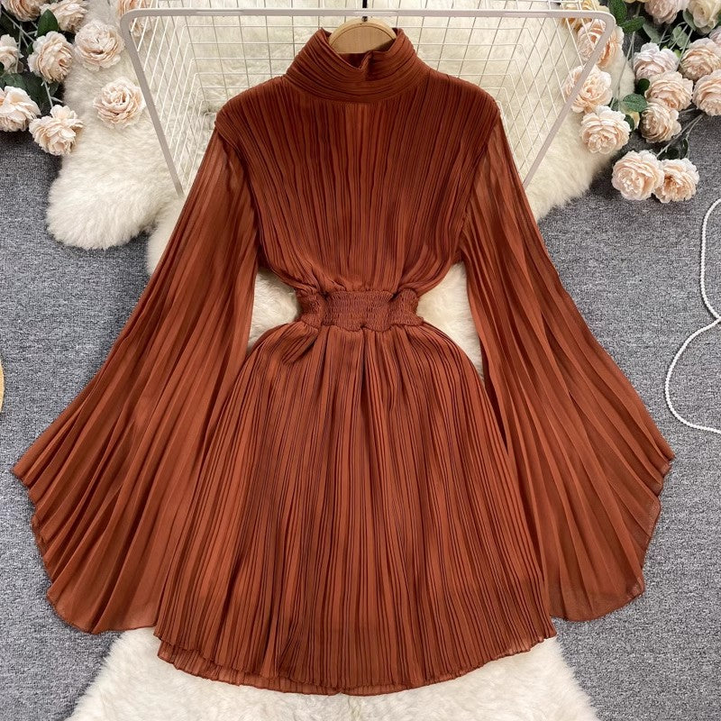 pleated bell-sleeved high-neck dress for women chiffon skirt      S4489