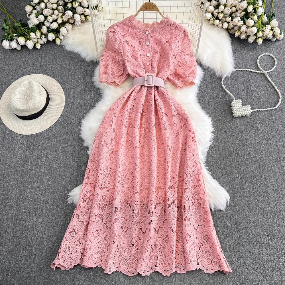 puff sleeves round neck A-line lace dress elegant long skirt      S4262