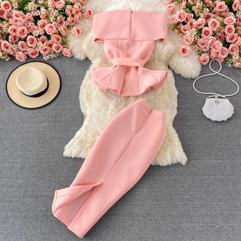 off-shoulder ruffled cropped top two-piece suit mid-length skirt     S3919