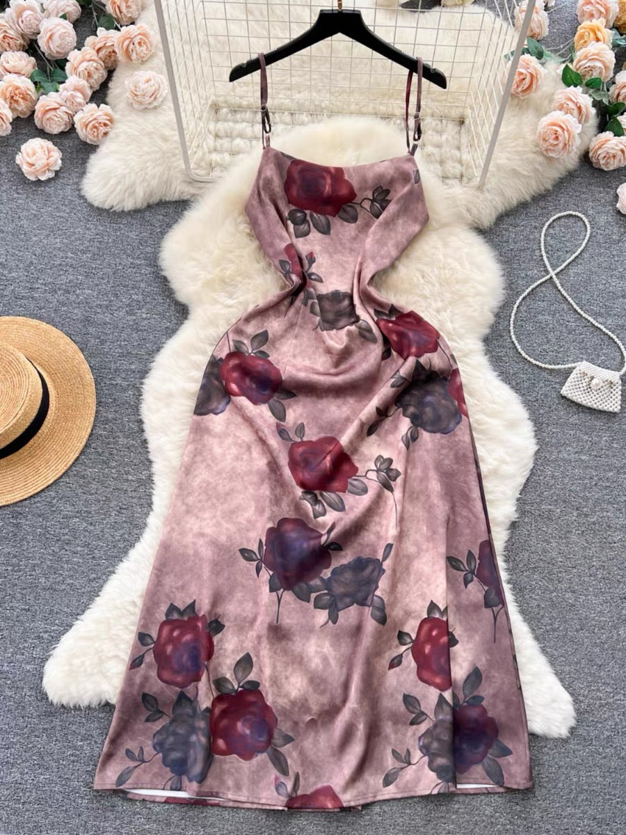 Romantic, Retro, Rose Print Halter Dress, Luxury Waist Long Dress     S4479