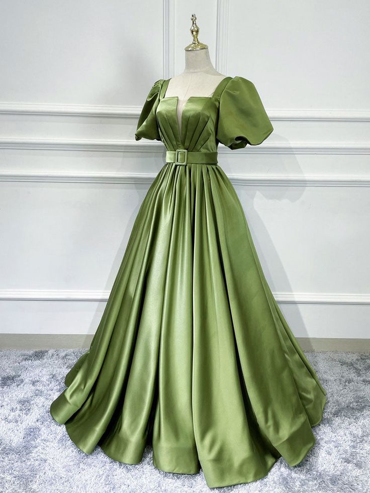 green satin long prom dress, green satin evening dress         S3541