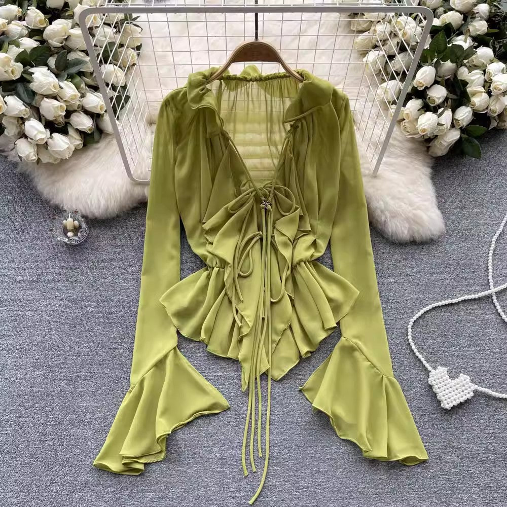 Designed irregular bell-sleeved chiffon shirt for women new style ruffled V-neck top trendy      S4601