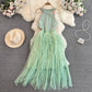 sleeveless V-neck lace A-line mesh dress elegant long dress     S4332