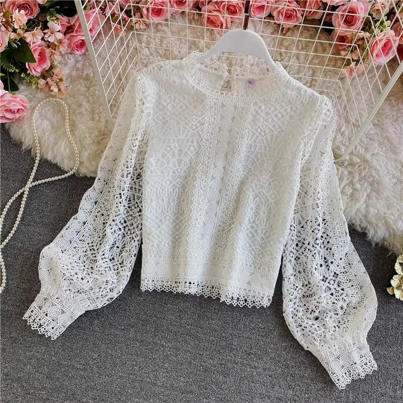 solid color long-sleeved top with lace for women     S4019