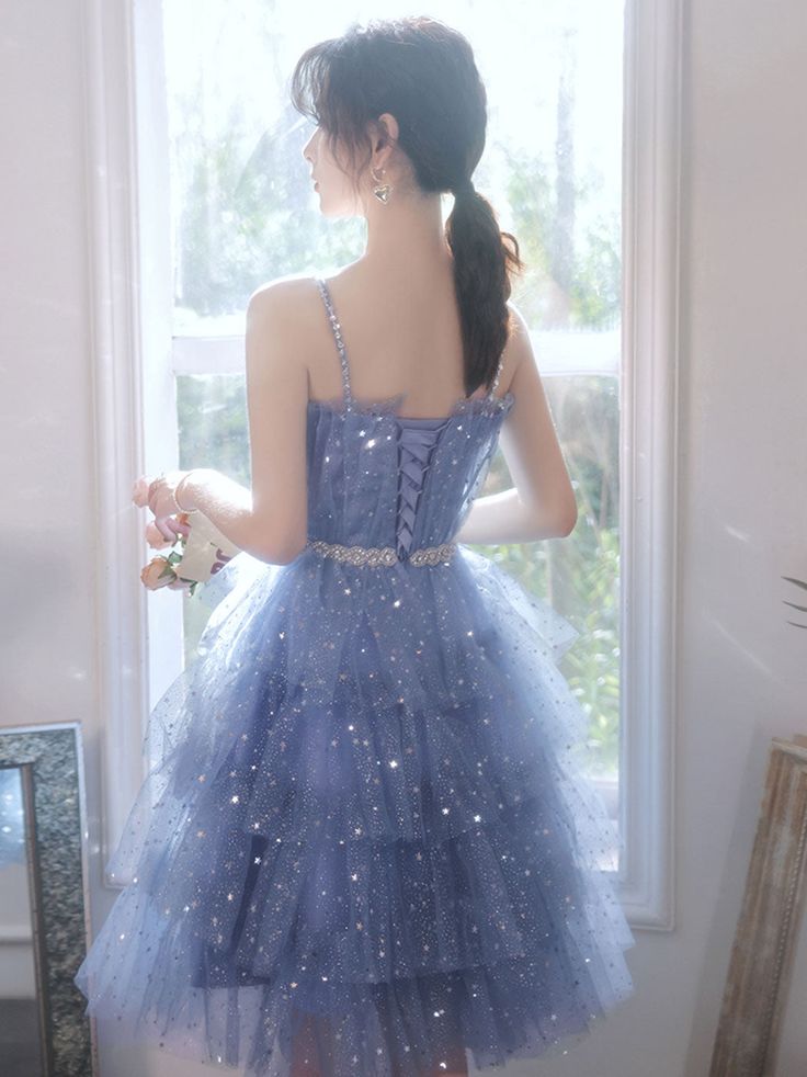 Short Puffy Blue Prom Dress, Tulle Short Blue Puffy Homecoming Dress     S2690