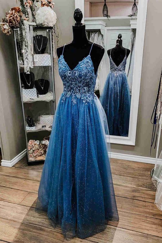 Glitter Straps Beaded Blue Formal Dress        S4060