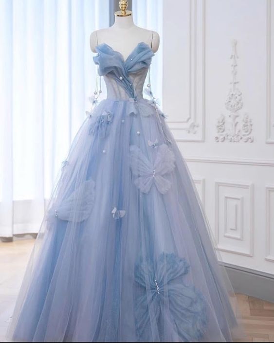 A-Line Blue Tulle Long Prom Dress, Blue Tulle Formal Dress      S4149