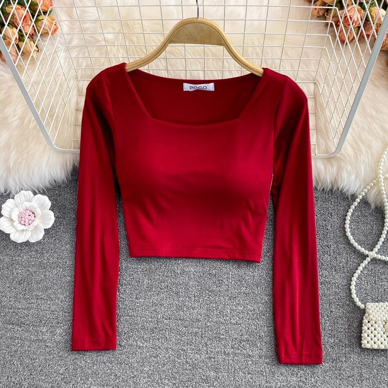 square collar t-shirt with chest pad for women short shirt top long sleeves      S3986