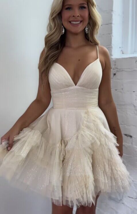 2023 Short Ruffle Tulle Homecoming Dress with Spaghetti Straps     S3326