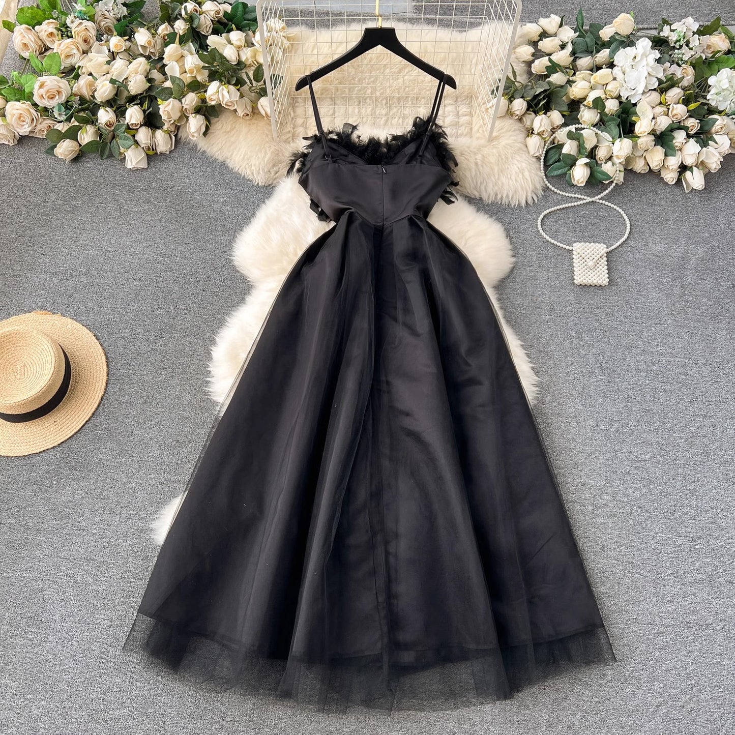 black dress for women feather puffy suspender dress      S4586