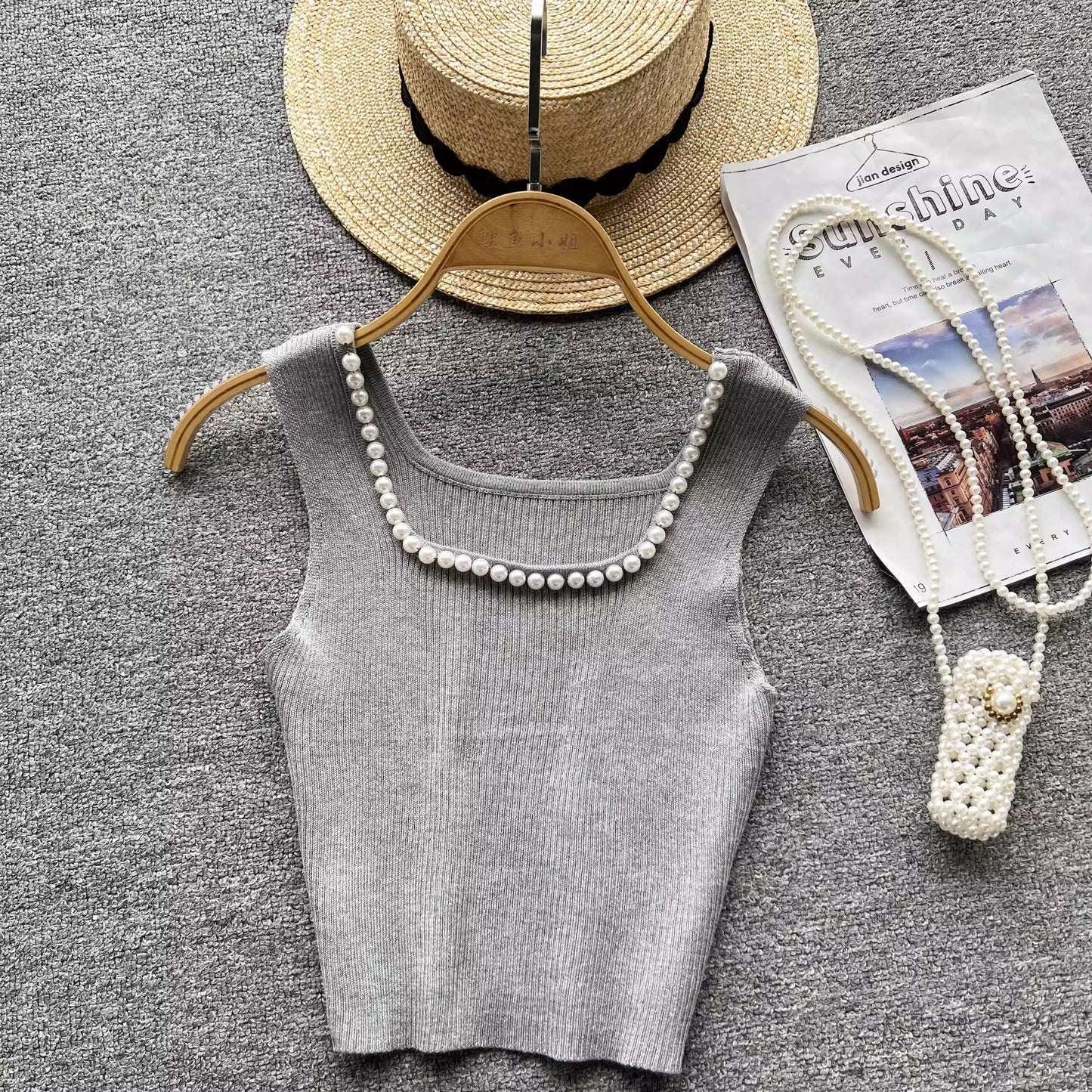 Square neck sleeveless beaded pleatedfor women knitted chic top     S4622