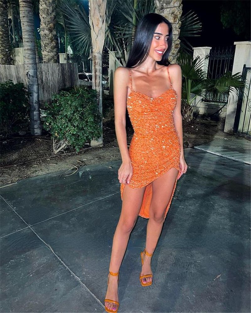 Sexy Orange Glitter Prom Dresses Short Front Long Back Sweetheart Spaghetti Straps Formal Party Cocktail Dress    S2660