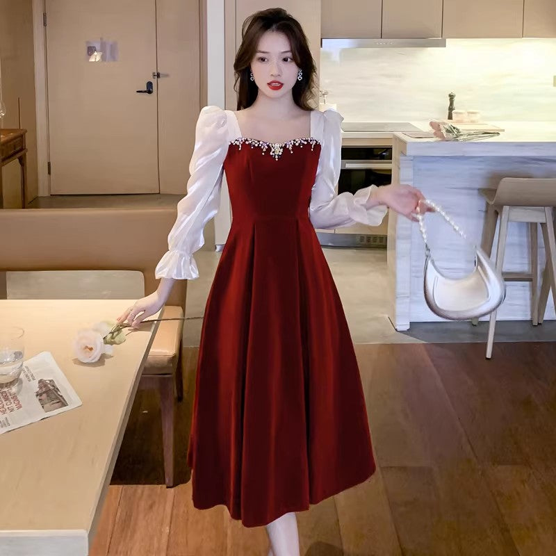 party burgundy long dress for women, evening dress for party    S3453