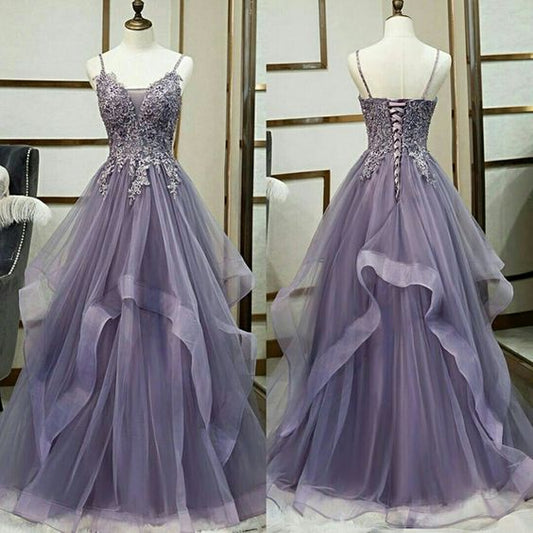 Unique v neck tulle lace long prom dress tulle lace formal dress     S4150