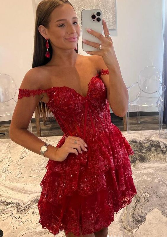 2023 Off the Shoulder A-Line Homecoming dress with Sheer Corset Bodice and Ruffle Skirt      S2991